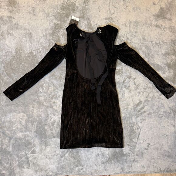 NWT Topshop Cold Shoulder Velvet Metallic Romantic Black Mini Dress Size 6 - Picture 8 of 9